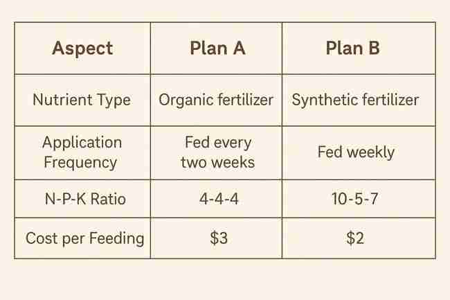 Horizontal chart comparing nutrient plan A and B for cannabis AB test showing type, frequency, NPK ratio, and feeding cost in an easy-to-read table.