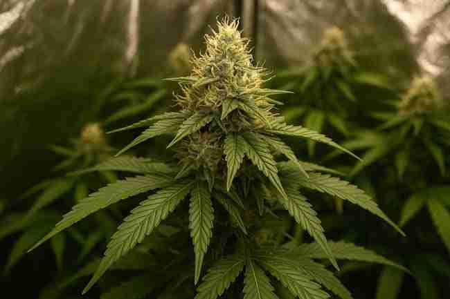Horizontal photo close-up of cannabis plant in bloom symbolizing balanced nutrient mixing and water testing for pH and EC consistency in AB experiments.