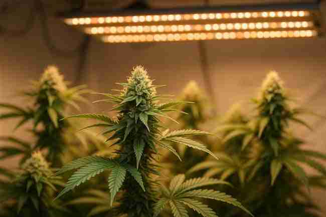 Horizontal close-up photo of cannabis plants in bloom under LED grow lights showing healthy colas and consistent week-by-week growth during AB testing.