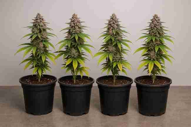 Horizontal photo of four cannabis plants in black pots at end of flower stage showing dense colas and trichome coverage for bud quality scoring comparison.