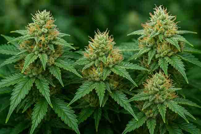 Horizontal photo of mature cannabis colas with frosty trichomes and orange pistils showing plants ready for identical harvest, drying, and curing comparison.