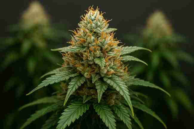Horizontal close-up photo of a mature cannabis cola with dense buds, orange pistils, and frosty trichomes symbolizing data collection on yield and quality.