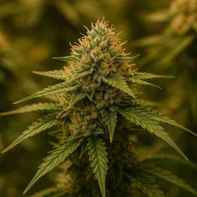 Horizontal close-up photo of a mature cannabis bud coated with trichomes and orange pistils symbolizing yield data analysis and cannabis AB test result comparison.