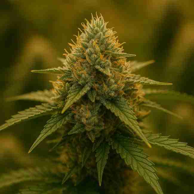 Horizontal close-up photo of a mature cannabis cola coated in trichomes symbolizing the yield and visual results from a real-world cannabis AB test comparison.