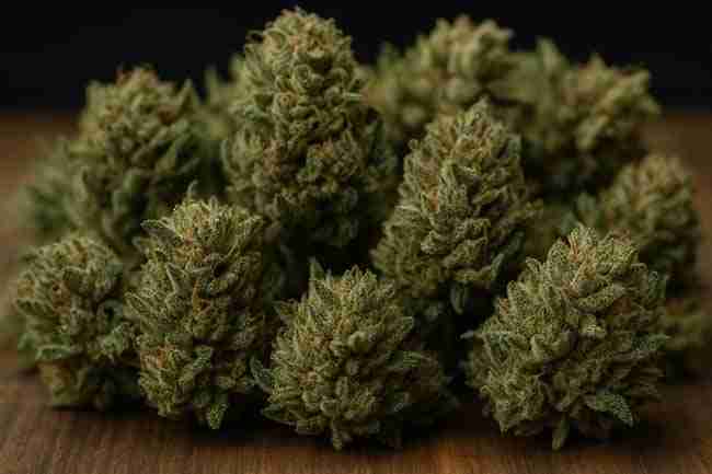 Horizontal close-up photo of dense dried cannabis buds symbolizing cost, time, and yield investment required for running a full cannabis AB test experiment.
