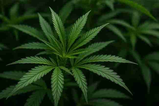 Horizontal close-up photo of healthy cannabis leaves representing detailed data logging for growth tracking, feeding logs, and measurement recording in AB testing.