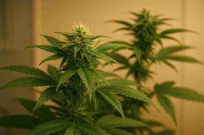 Horizontal photo of two healthy cannabis plants under warm light showing stable environmental targets like consistent growth, light, and temperature control.