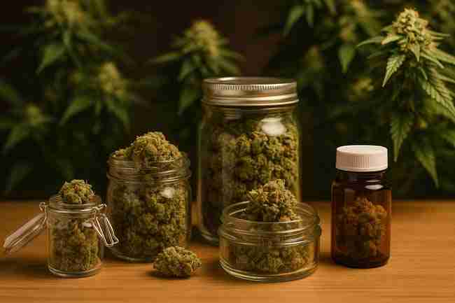 Horizontal photo of multiple glass jars filled with cannabis buds on a wooden table symbolizing benefits and drawbacks of conducting cannabis AB testing.