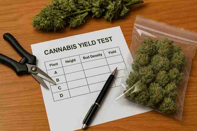 Horizontal photo of cannabis yield test sheet with buds, trimmers, pen, and bagged samples on wooden table representing troubleshooting and data correction during AB testing.
