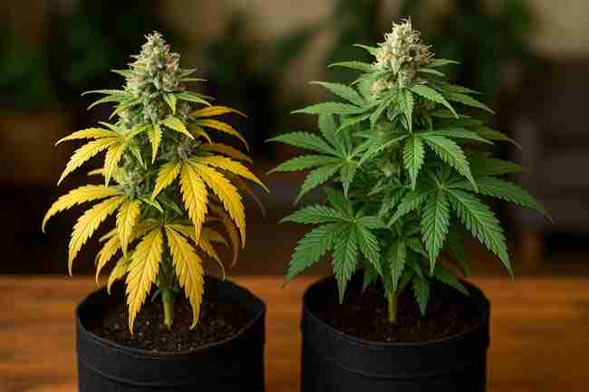 Horizontal photo of two cannabis plants side by side labeled A and B showing color and growth differences to represent a nutrient comparison grow experiment.