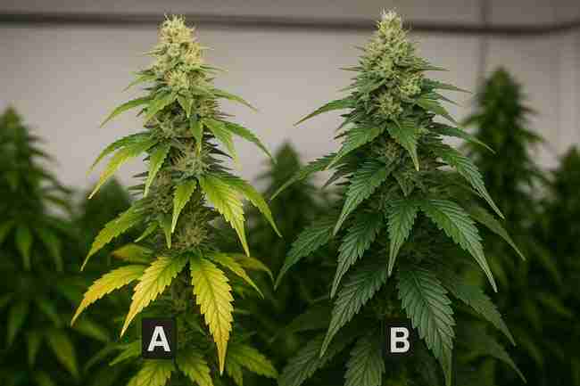 Horizontal photo of two cannabis plants labeled A and B side by side showing visible nutrient differences representing decision-making after cannabis AB testing.