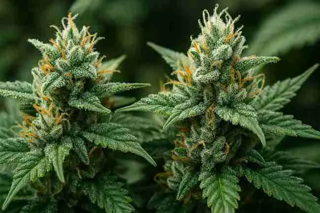 Macro image of cannabis buds covered in sparkling trichomes showing resin glands and pistils under soft lighting for trichome preservation harvest.