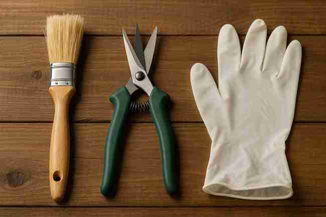 Harvest preparation tools on a clean table including pruning shears, nitrile gloves, and a brush arranged neatly for trichome preservation harvest.