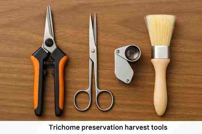 Cannabis trimming tools including pruning shears, micro-tip scissors, magnifying loupe, and a soft brush arranged neatly for trichome preservation harvest.