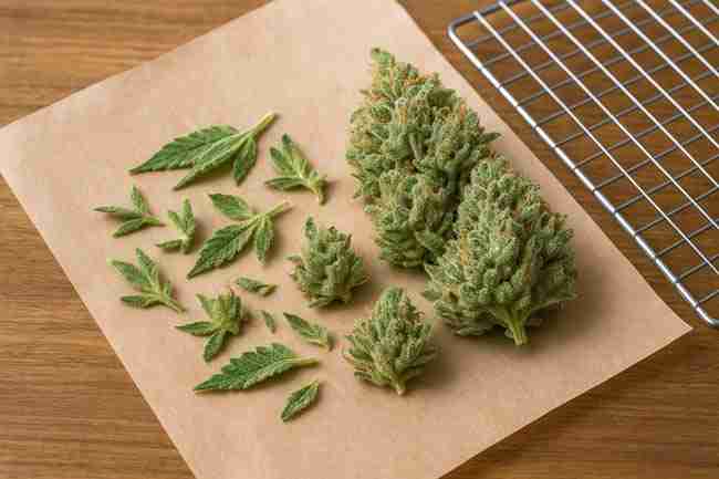 Fresh cannabis buds and sugar leaves on parchment beside a drying rack, showing trichome-rich flowers at ideal harvest timing for trichome preservation harvest.