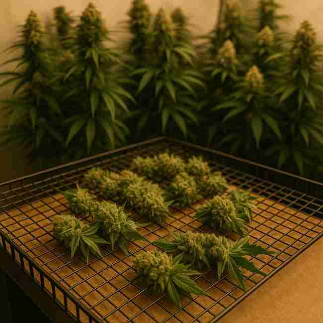 Freshly harvested cannabis buds resting on a drying rack in a warm grow room with mature plants in the background, illustrating careful trichome preservation harvest cutting process.