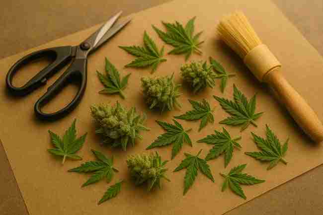 Trimmed cannabis buds, sugar leaves, and scissors on parchment paper with a soft brush, illustrating wet trim, dry trim, and fresh frozen techniques for trichome preservation harvest.