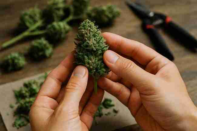 Hands gently holding a dense cannabis bud covered in trichomes on a trimming table, showing delicate handling during trichome preservation harvest.