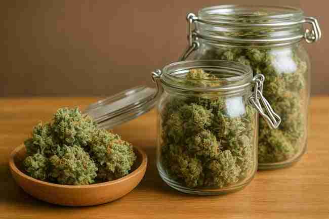 Close-up of trimmed cannabis buds displayed beside glass jars and a wooden bowl, showing precise trimming work and trichome preservation for curing.