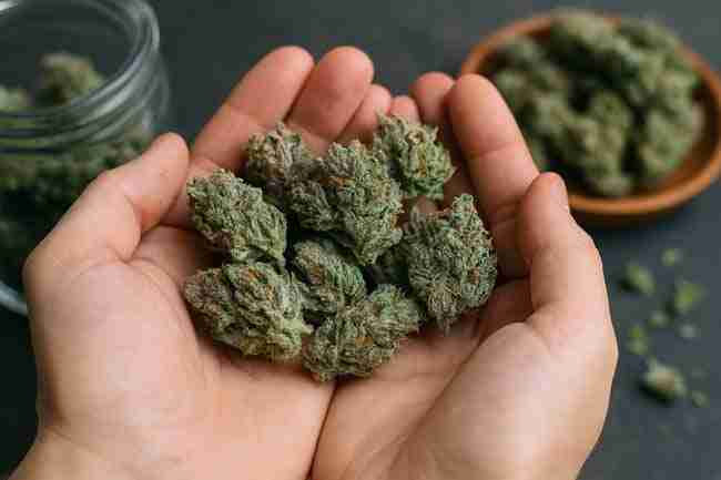 Hands gently holding dried cannabis buds rich in trichomes, with glass jars and bowls in the background, representing careful drying for trichome preservation harvest.
