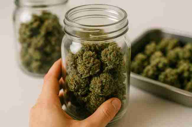Close-up of cannabis buds curing in glass jars, showing trichome-rich flowers handled carefully for trichome preservation harvest.