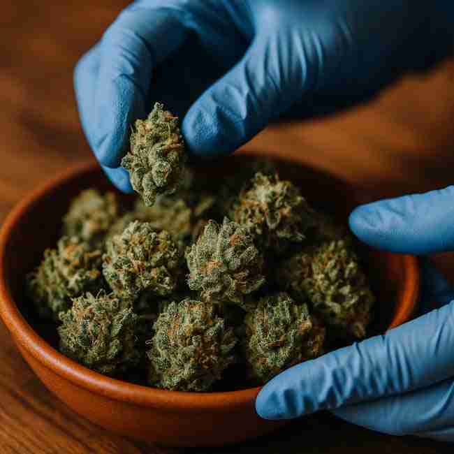 Gloved hands gently placing dense cannabis buds into a bowl, showing careful packing and handling during trichome preservation harvest.