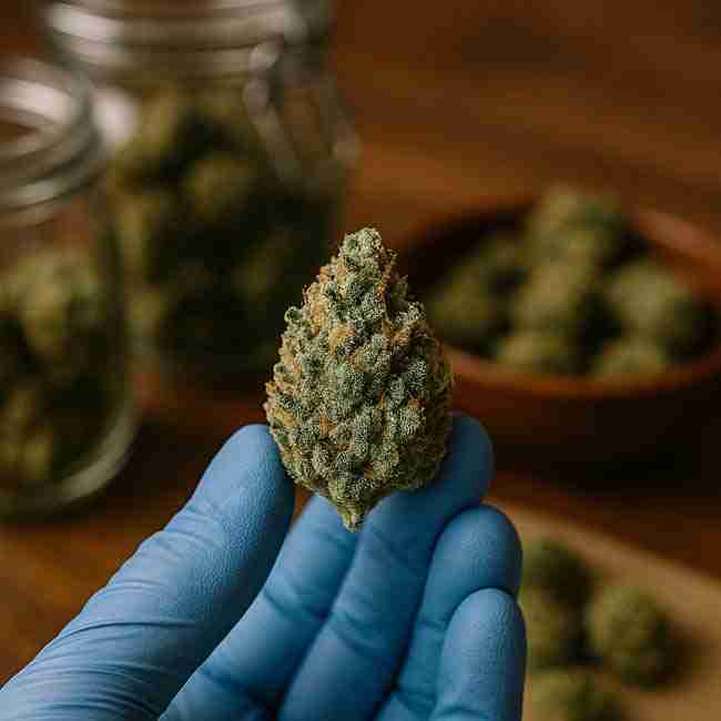Gloved hand holding a frosty cannabis bud ready for freezing, with jars and bowls of buds in the background for trichome preservation harvest.