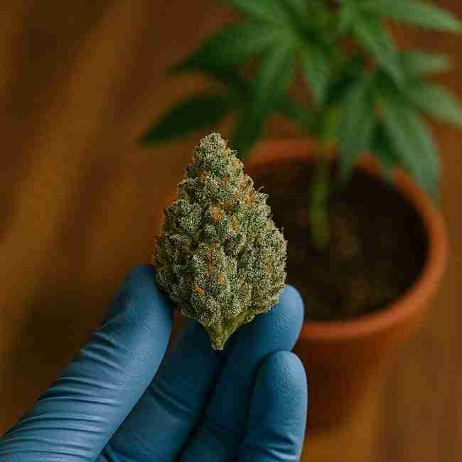 Gloved hand holding a frosty cannabis bud in front of a potted cannabis plant, symbolizing troubleshooting and quality control in trichome preservation harvest.