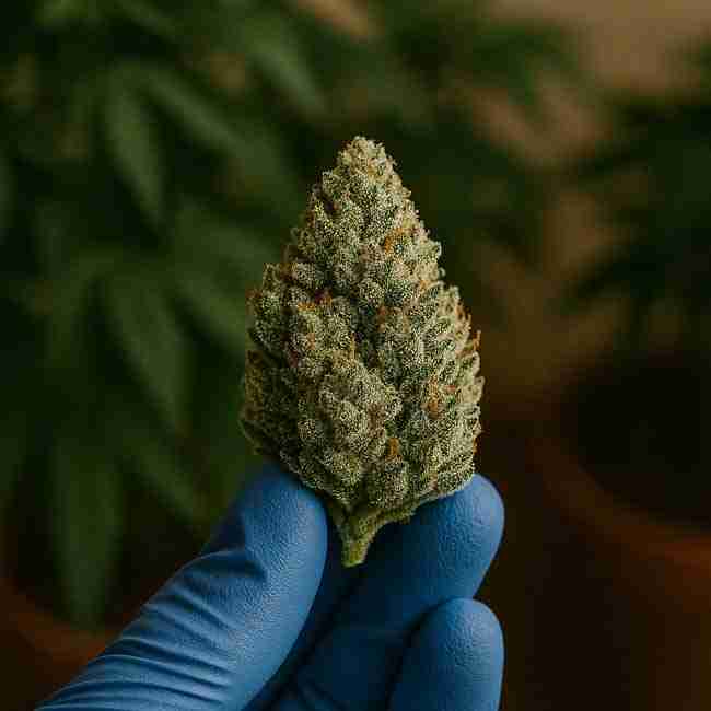 Close-up of a frosty cannabis bud held in a gloved hand, with plants blurred in the background, representing real-world harvest scenarios for trichome preservation.