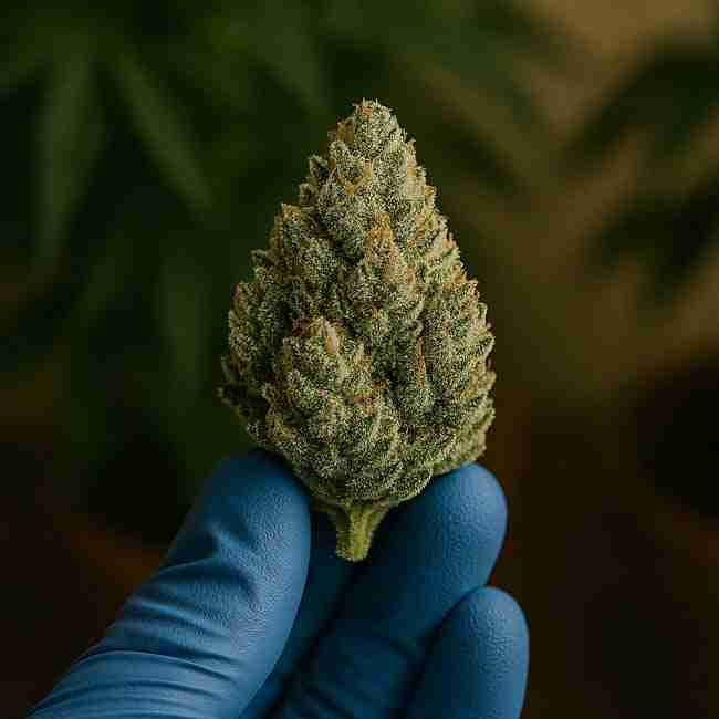 Macro photo of a gloved hand holding a frosty cannabis bud, symbolizing hands-on precision and organization for a trichome preservation harvest action plan.