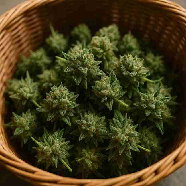 Freshly harvested cannabis buds in a woven basket covered with glistening trichomes, symbolizing trichome preservation and gentle handling during harvest.