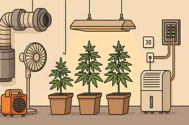 Indoor cannabis grow room showing proper electrical setup with LED grow lights, dehumidifier, fan, and safe wall-mounted power management for cannabis grow electrical safety.