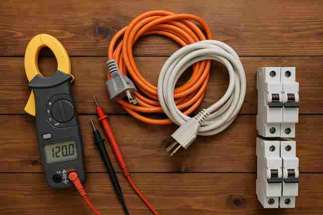Cannabis grower’s electrical planning setup with watt meters, circuit breakers, and extension cords organized on a wooden surface for cannabis grow electrical safety.