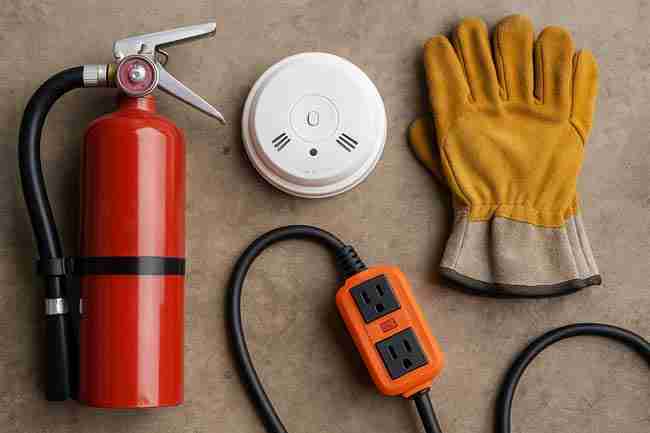 Essential cannabis grow electrical safety gear including fire extinguisher, smoke detector, work gloves, and portable GFCI outlet arranged neatly for safe circuit and breaker planning.