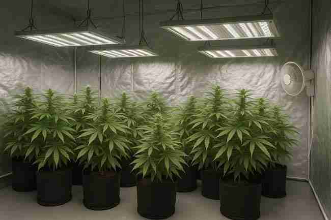 Indoor cannabis grow room showing safe GFCI outlets, surge-protected power setup, and fans and lights arranged for cannabis grow electrical safety.