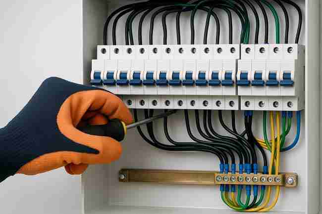 Electrician tightening connections inside breaker panel with organized wiring and gloves, symbolizing cannabis grow electrical safety and fire risk prevention.