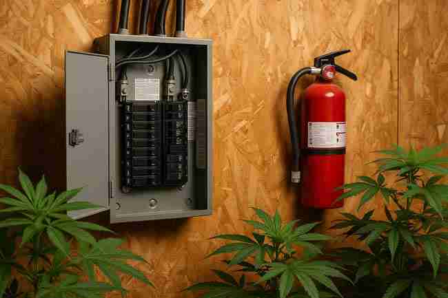 Cannabis grow room showing organized electrical layout with circuit breaker panel, mounted fire extinguisher, and safe cord routing for cannabis grow electrical safety.