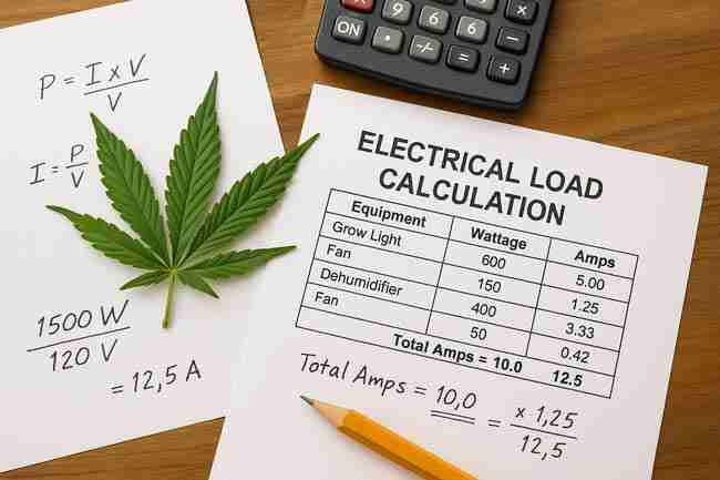 Electrical load calculation sheet with cannabis leaf, calculator, and pencil showing watt and amp planning for safe cannabis grow electrical setup.