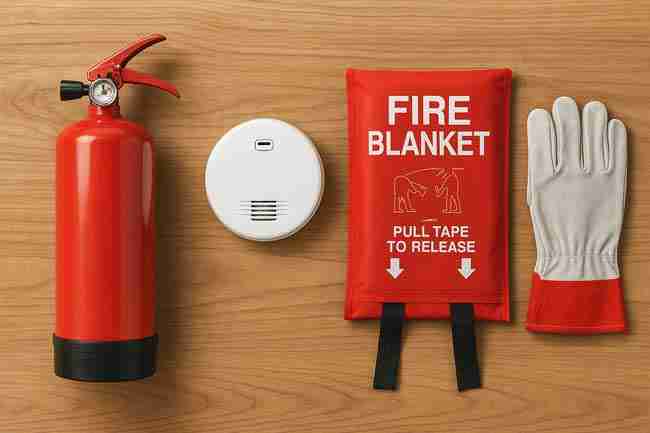 Fire safety tools including extinguisher, smoke alarm, fire blanket, and gloves organized on wooden surface representing cannabis grow room electrical safety preparedness