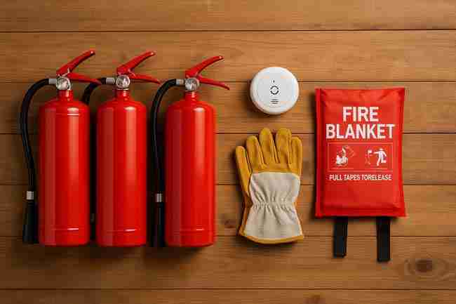 Fire safety equipment including multiple fire extinguishers, smoke detector, fire blanket, and gloves arranged together for cannabis grow electrical safety and fire prevention.