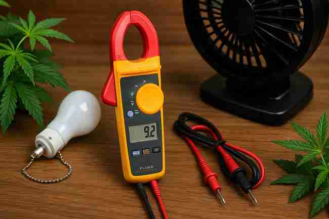 Digital clamp meter, cannabis leaves, light bulb, and fan arranged together on wooden surface representing daily and weekly electrical safety checks for cannabis grow rooms.