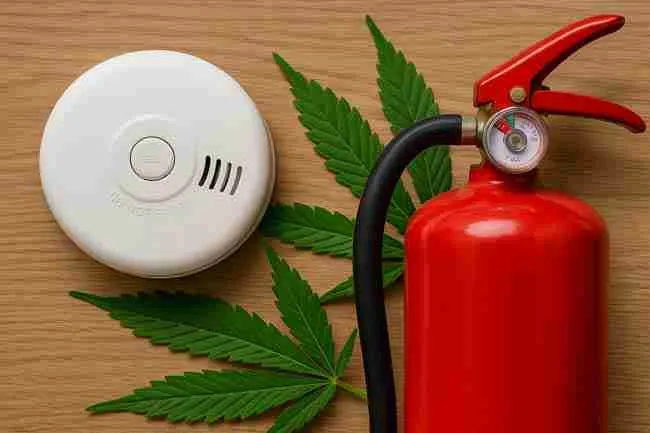Smoke detector and fire extinguisher placed beside cannabis leaves on wooden surface representing essential safety specifications for a cannabis grow room.