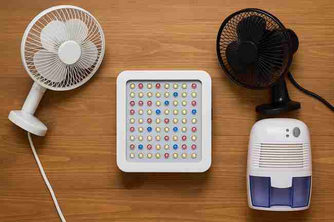 LED grow light, dehumidifier, and two oscillating fans arranged on wooden surface representing comparison of equipment choices for cannabis grow electrical safety.