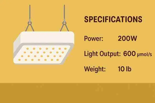 LED grow light specification diagram symbolizing correct electrical setup and power management to avoid common cannabis grow electrical safety mistakes.