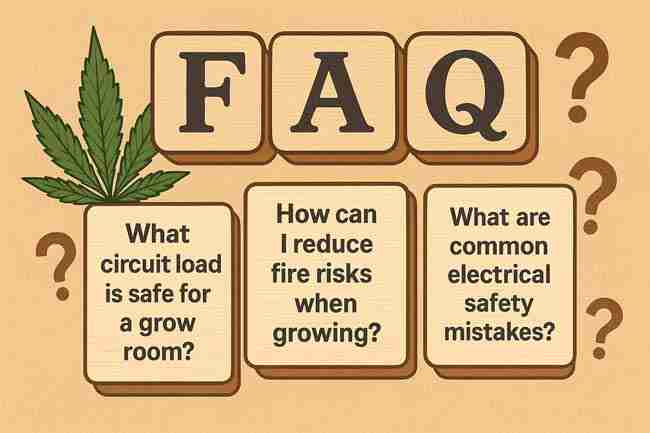 Illustration of cannabis leaf with FAQ cards showing electrical safety questions for cannabis grow rooms in U.S. and Canada environments.