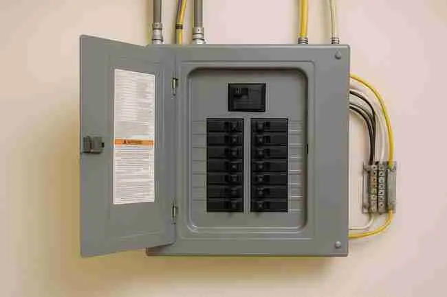 Open electrical breaker panel with labeled circuits and visible wiring, representing troubleshooting process for cannabis grow electrical safety issues