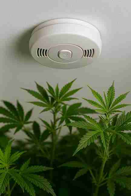 Smoke detector mounted above healthy cannabis plants in a grow room symbolizing peace of mind and complete cannabis grow electrical safety