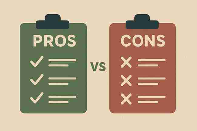 Illustration showing green clipboard labeled pros with checkmarks versus red clipboard labeled cons with Xs.