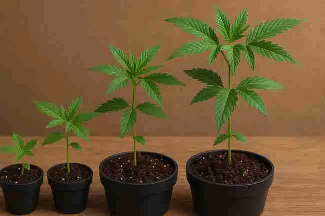 Cannabis plants in pots at different growth stages showing healthy green leaves after water correction.