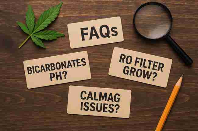 FAQ cards on wooden surface with cannabis leaf, magnifying glass, and pencil showing bicarbonates, calmag, and RO filter grow questions.